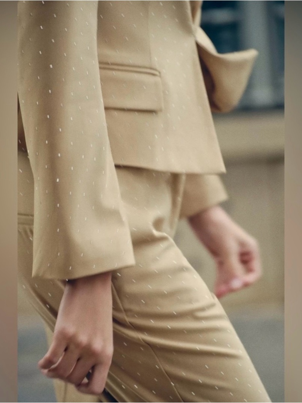 Zara NWOT Beige Suit with small silver studs. Cropped Tailored Pants. - Picture 3 of 9